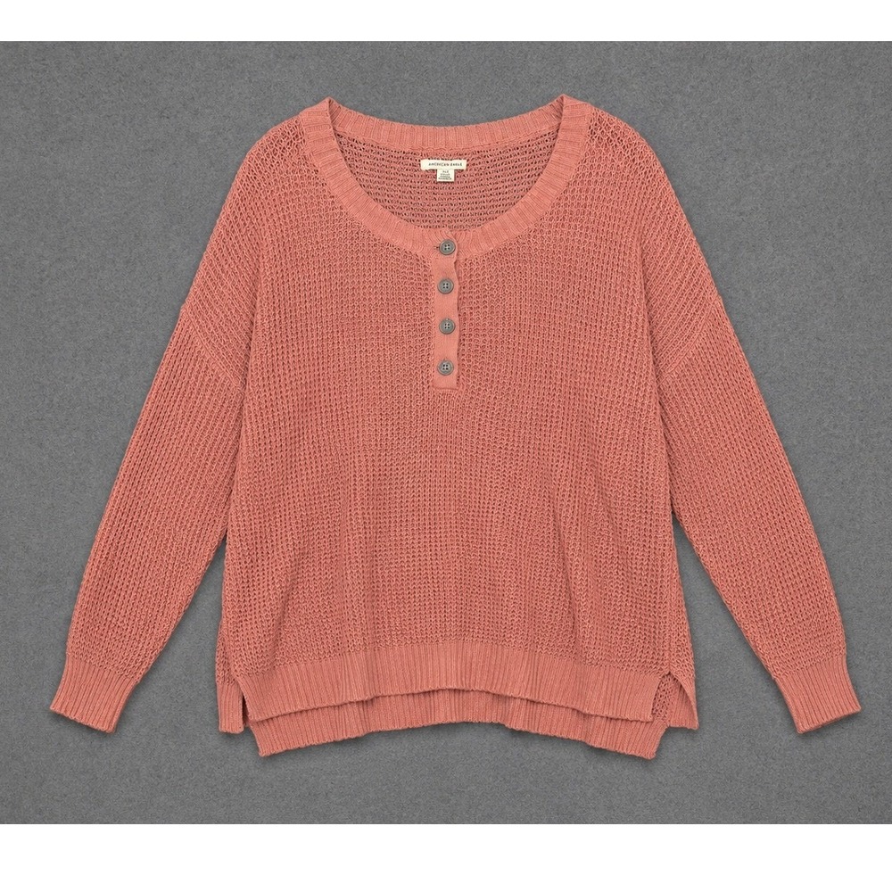 American Eagle Waffle Knit Henley Sweater Pink Oversized Lightweight‎ Large